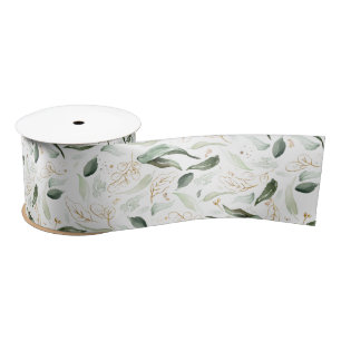 Ruban En Satin Feuillage vert printemps or Elégant blanc