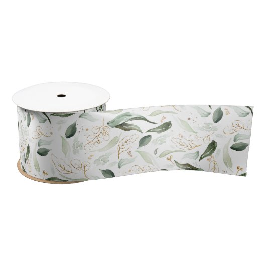 Ruban En Satin Feuillage vert printemps or Elégant blanc (Bobine)