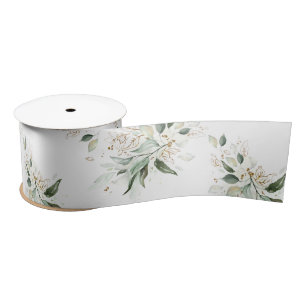 Ruban En Satin Feuillage vert printemps or Elégant blanc