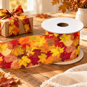 Ruban En Satin Feuilles d'automne à l'aquarelle - Motif d'automne