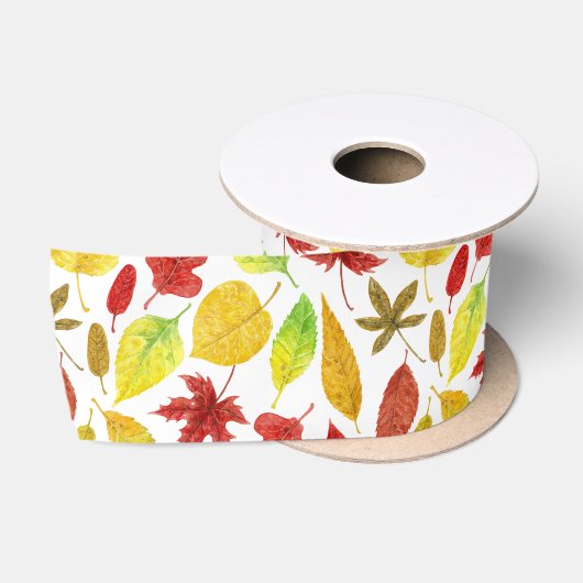 Ruban En Satin Feuilles d'automne blanc (Bobine)