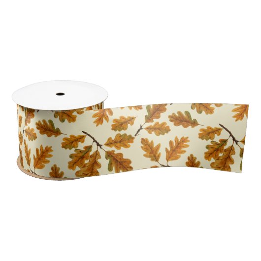 Ruban En Satin Feuilles de chêne automnal sur blanc (Bobine)