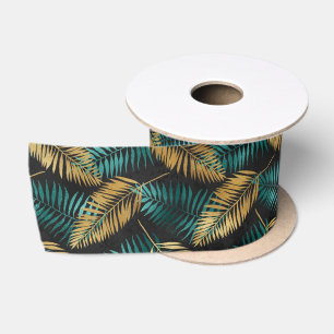 Ruban En Satin Feuilles de palmier sarcelle doré   Motif tropical
