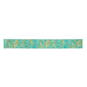 Ruban En Satin Feuilles Gold Palm sur Turquoise