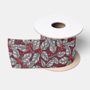 Ruban En Satin Feuilles gris sur rouge foncé