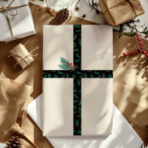 Ruban En Satin Feuilles verts et baies rouges Motif de Noël Noir