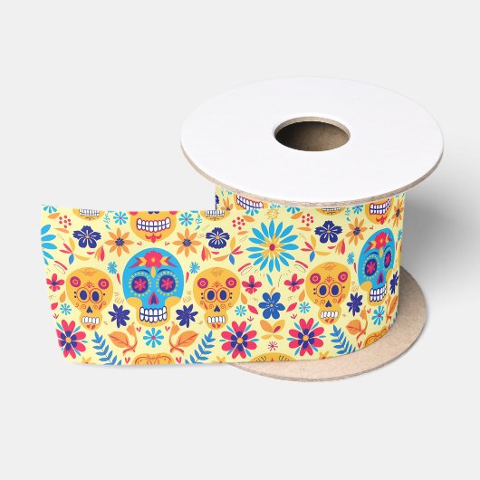 Ruban En Satin Fiesta jaune Calaveras (Bobine)