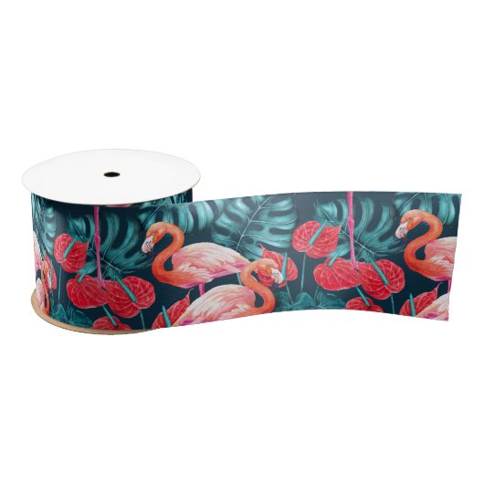 Ruban En Satin Flamant rose et aquarelle du jardin tropical (Bobine)