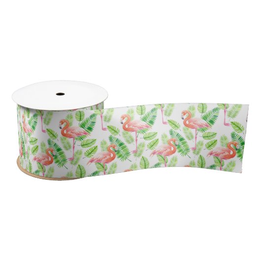 Ruban en satin Flamant rose et feuille tropical (Bobine)