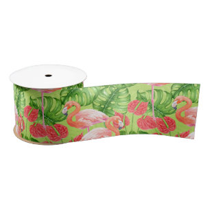Ruban En Satin Flamant rose et plantes tropicaux