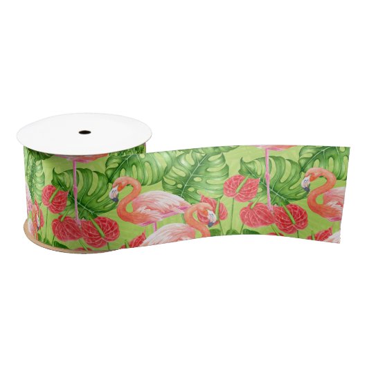 Ruban En Satin Flamant rose et plantes tropicaux (Bobine)