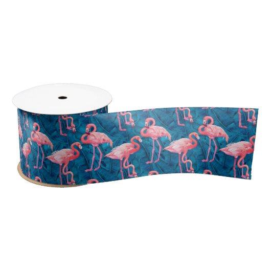 Ruban En Satin Flamants roses sur banane bleue ruban satin feuill (Bobine)