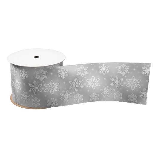 Ruban En Satin Flammes De Neige Blanches Sur Argent (Bobine)
