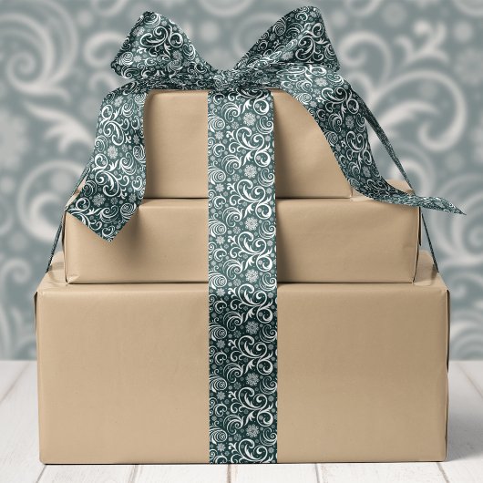 Ruban En Satin Flammes de neige et torrents vert foncé Noël