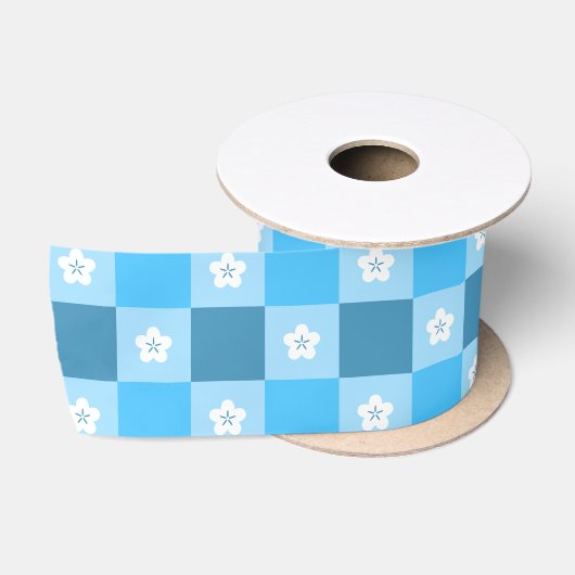 Ruban En Satin Fleur bleue à carreaux (Bobine)