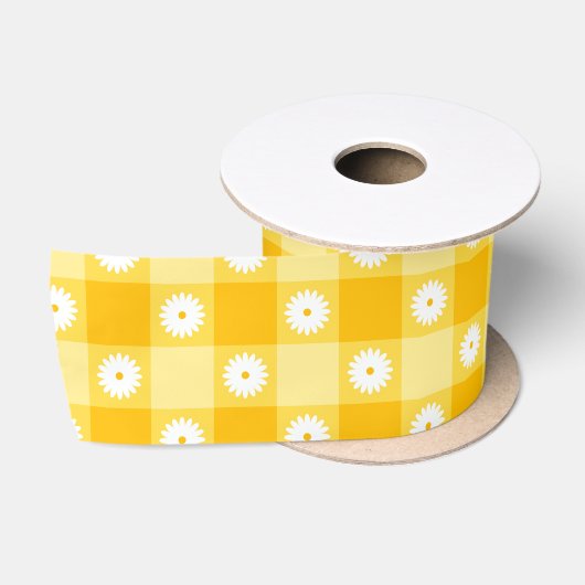 Ruban En Satin Fleurs à carreaux jaunes (Bobine)