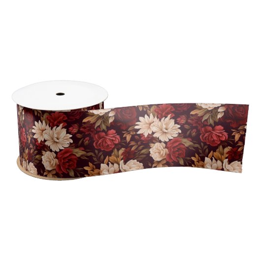 Ruban En Satin Fleurs beiges bordeaux bohème (Bobine)