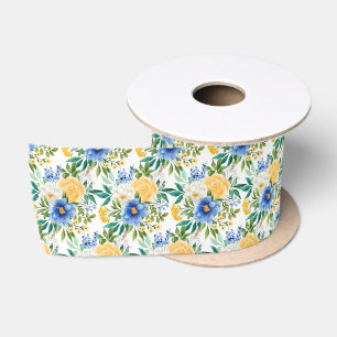 Ruban En Satin Fleurs bleues et jaunes 