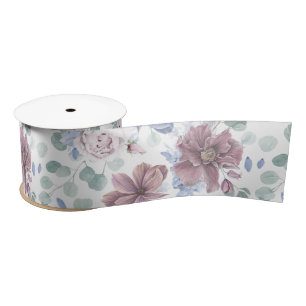 Ruban En Satin Fleurs bleues mauves et poussiéreuses Botaniques