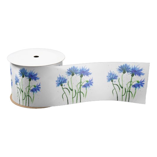 Ruban En Satin Fleurs de Cornflowers bleu aquarelle rustique joli (Bobine)