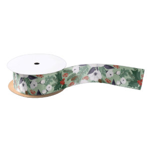 Ruban En Satin Fleurs de Noël blanches et motif de baies rouges