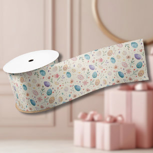 Ruban En Satin Fleurs de Pâques et feuilles aquarelles vintage Œu