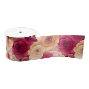 Ruban En Satin Fleurs de printemps roses peintes vibrantes à l'aq