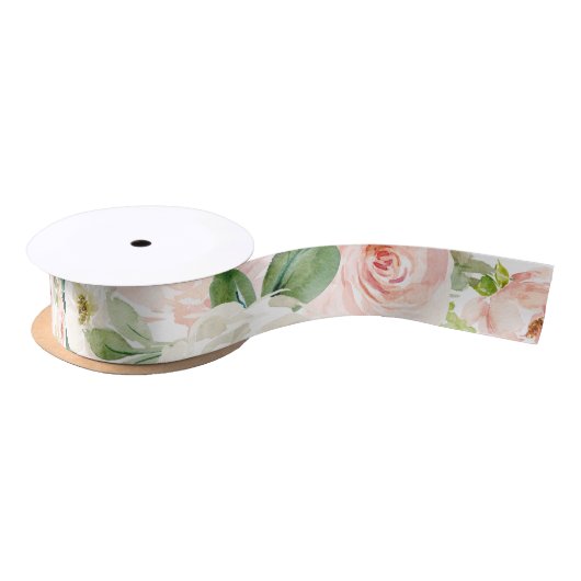 Ruban En Satin Fleurs de teintes rose en aquarelle (Bobine)