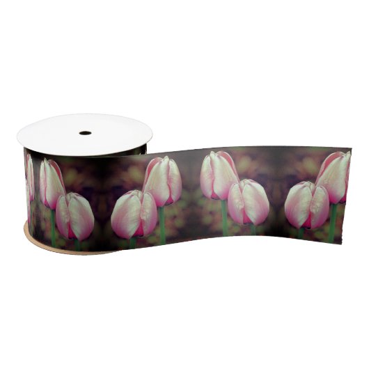 Ruban En Satin Fleurs De Tulipes Roses Avec Arroses (Bobine)