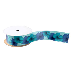 Ruban En Satin Fleurs d'Hibiscus Turquoise bleu tropical