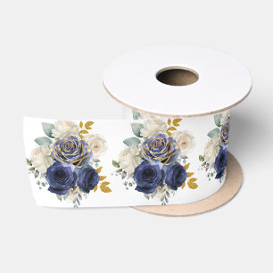 Ruban En Satin Fleurs élégantes bleues marine et or