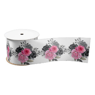 Ruban En Satin Fleurs élégantes rose chaud et argent