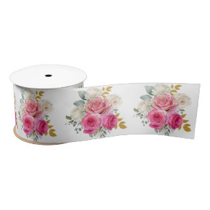 Ruban En Satin Fleurs élégantes rose chaud et or