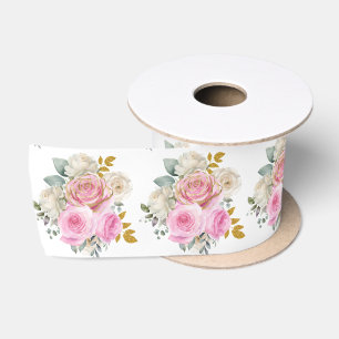 Ruban En Satin Fleurs élégantes rose vif et or