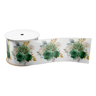 Ruban En Satin Fleurs Élégantes Vert Foncé et Or