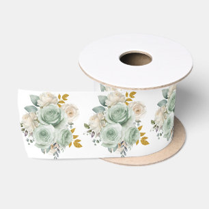 Ruban En Satin Fleurs élégantes vert sauge et or