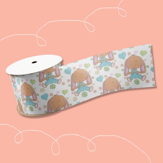 Ruban En Satin Fleurs et coeurs de lapin de Pâques Ruban blanc