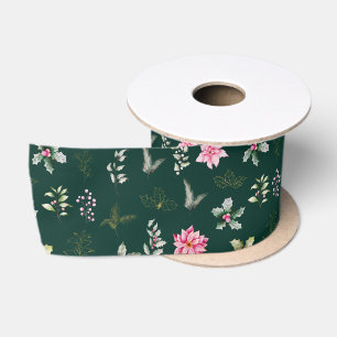 Ruban En Satin Fleurs et feuillage de poinsettia rose sur fond ve