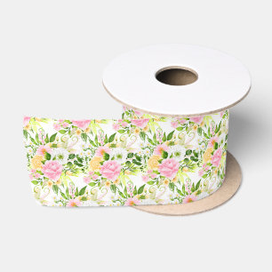 Ruban En Satin Fleurs et feuillage roses et jaunes d'été