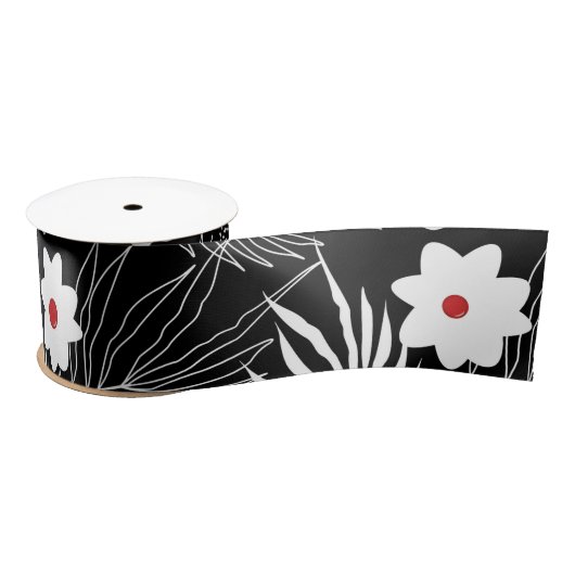 Ruban En Satin Fleurs et fougères sur le noir (Bobine)