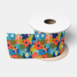 Ruban En Satin Fleurs et symboles de Noël motif festif