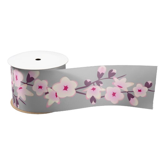 Ruban En Satin Fleurs florales de cerises gris rose (Bobine)