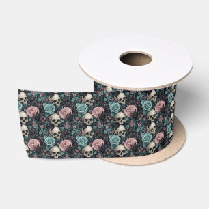 Ruban En Satin Fleurs gothiques aqua rose et noires