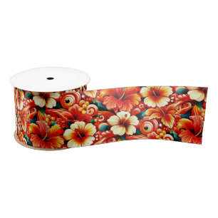 Ruban En Satin Fleurs hawaïennes tropicales Hibiscus Motif orange