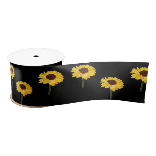 Ruban En Satin Fleurs jaunes sur le noir (Bobine)