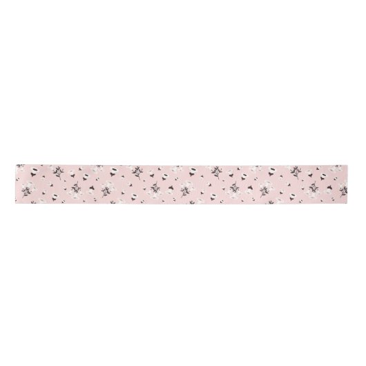 Ruban En Satin Fleurs Noires Blanches Sur Rose (Devant)