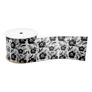Ruban En Satin Fleurs Noires Sur Fond Blanc