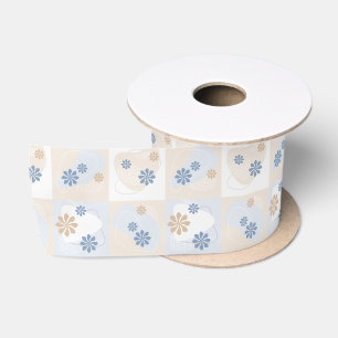 Ruban En Satin Fleurs orange et bleu sur les chèques pastel