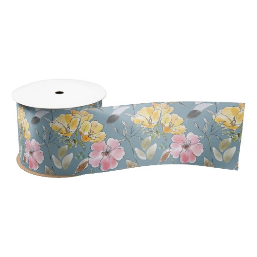 Ruban En Satin Fleurs printanières en Mariage rose jaune vert (Bobine)