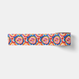 Ruban En Satin Fleurs Rétro Groovy Aquarelle Bleu Orange Rose